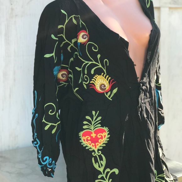 Black bird floral embroidered kaftan Bohemian gypsy magical poncho robe dress - Picture 4 of 8